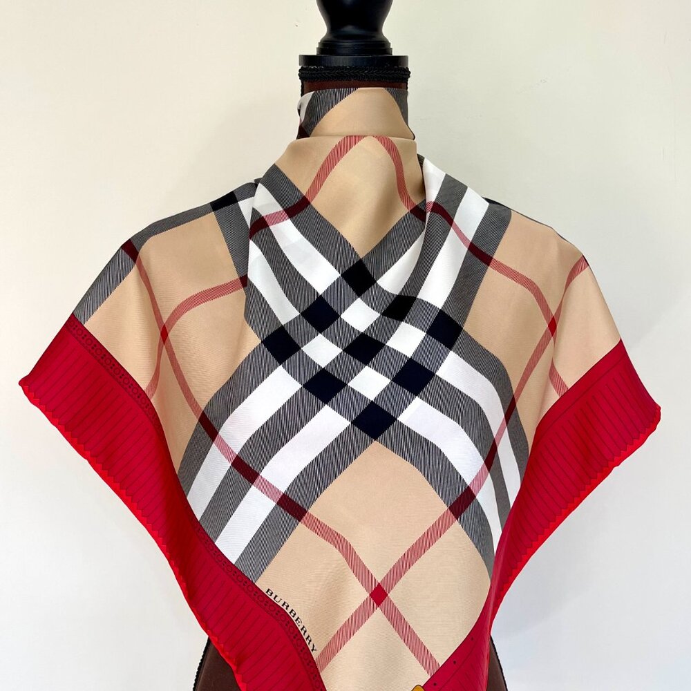 Display #6 New Burberry Scarf Beige with Red border - Picture 3 of 16
